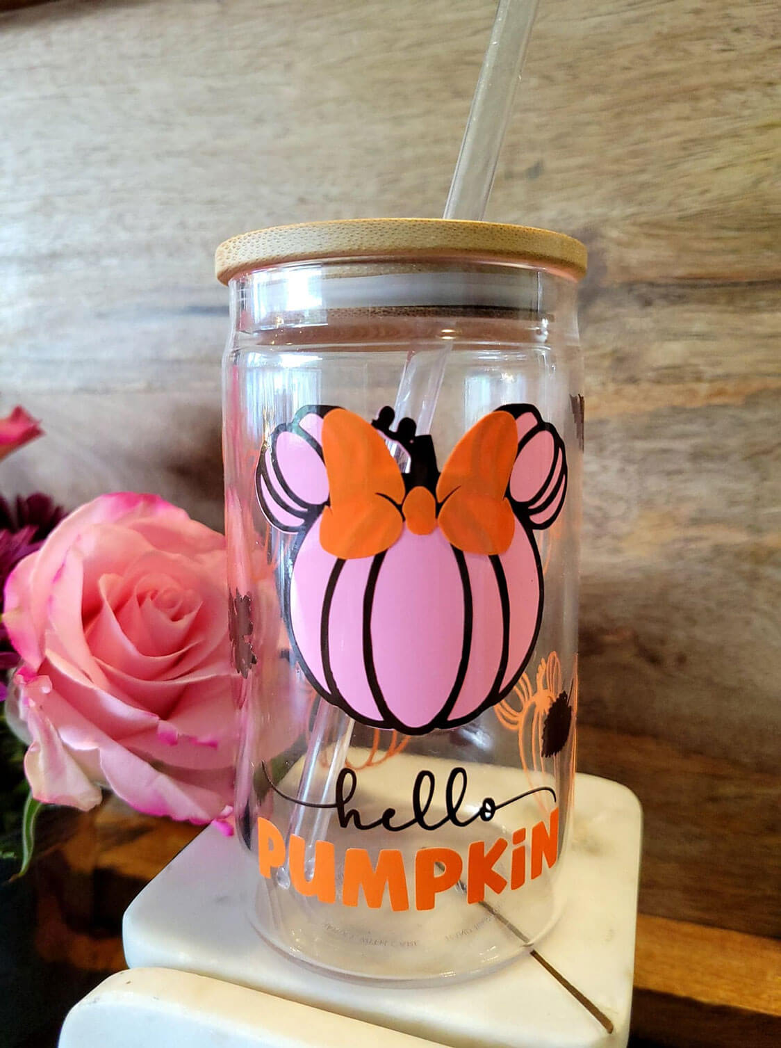 Fall Beer Can Glass, Flower Pumpkin, 16 oz. Iced Coffee Glass With Bam