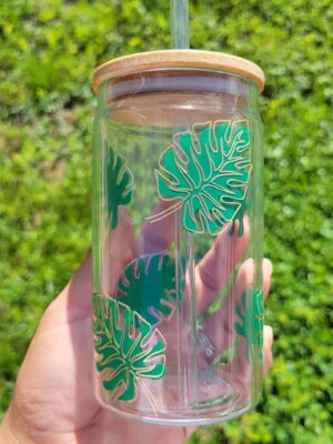 Tropical Leaf Glass Can 12oz